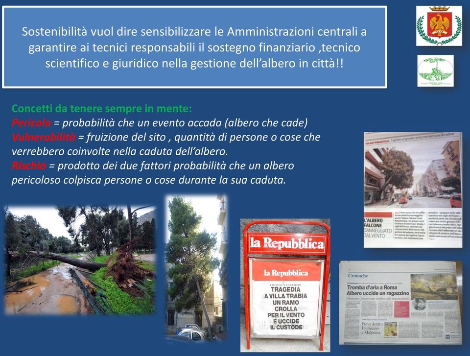 ! Concetti da tenere sempre in mente: Pericolo = probabilità che un evento accada (albero che cade) Vulnerabilità = fruizione del