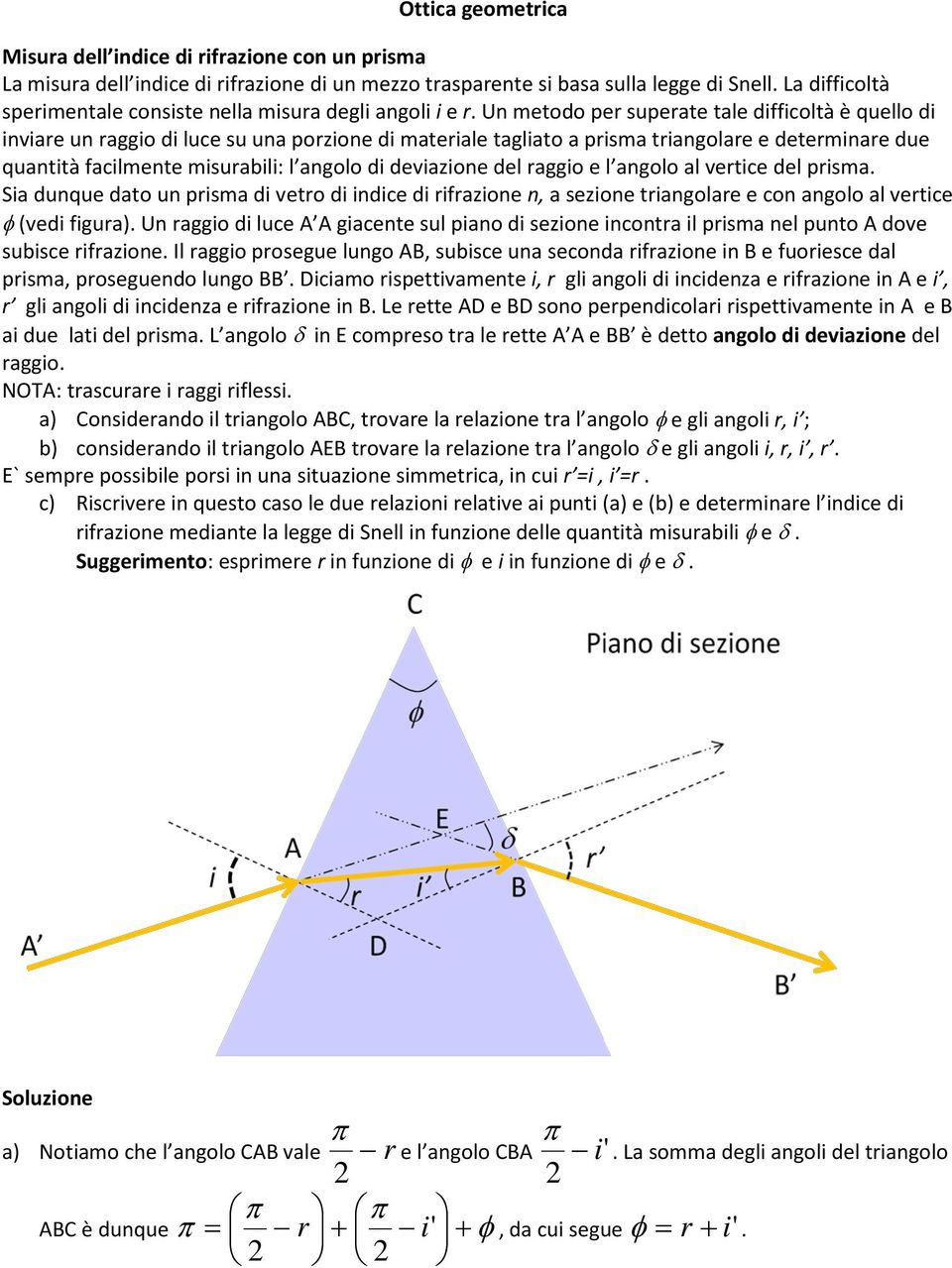 del prsma. Sa dunque dat un prsma d vetr d ndce d rrazne n, a sezne tranglare e cn angl al vertce φ (ved gura). Un ragg d luce A A gacente sul pan d sezne ncntra l prsma nel punt A dve subsce rrazne.