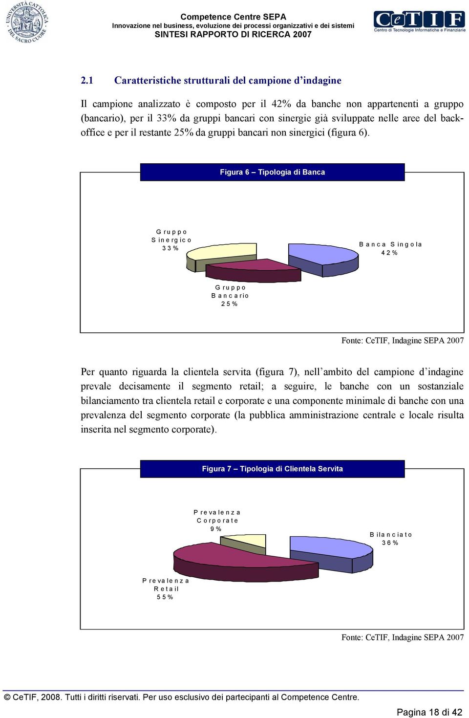 Figura 6 Tipologia di Banca Tipologia di Banca G ruppo Sinergico 33% B anca Singola 42% G ruppo B ancario 25% Per quanto riguarda la clientela servita (figura 7), nell ambito del campione d indagine