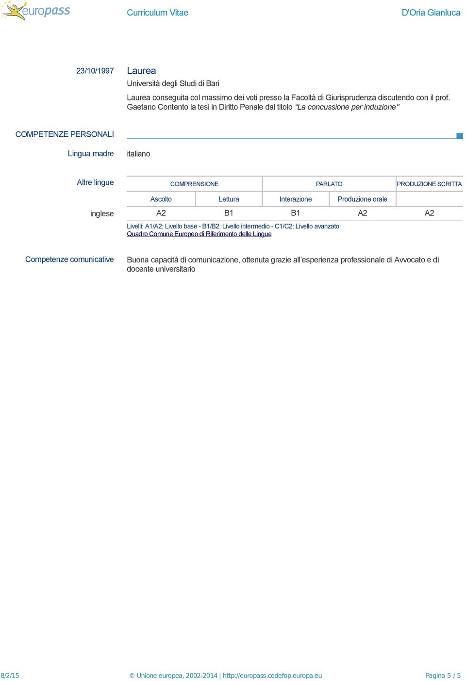 Lettura Interazione Produzione orale inglese A2 B1 B1 A2 A2 Livelli: A1/A2: Livello base - B1/B2: Livello intermedio - C1/C2: Livello avanzato Quadro Comune Europeo di Riferimento delle