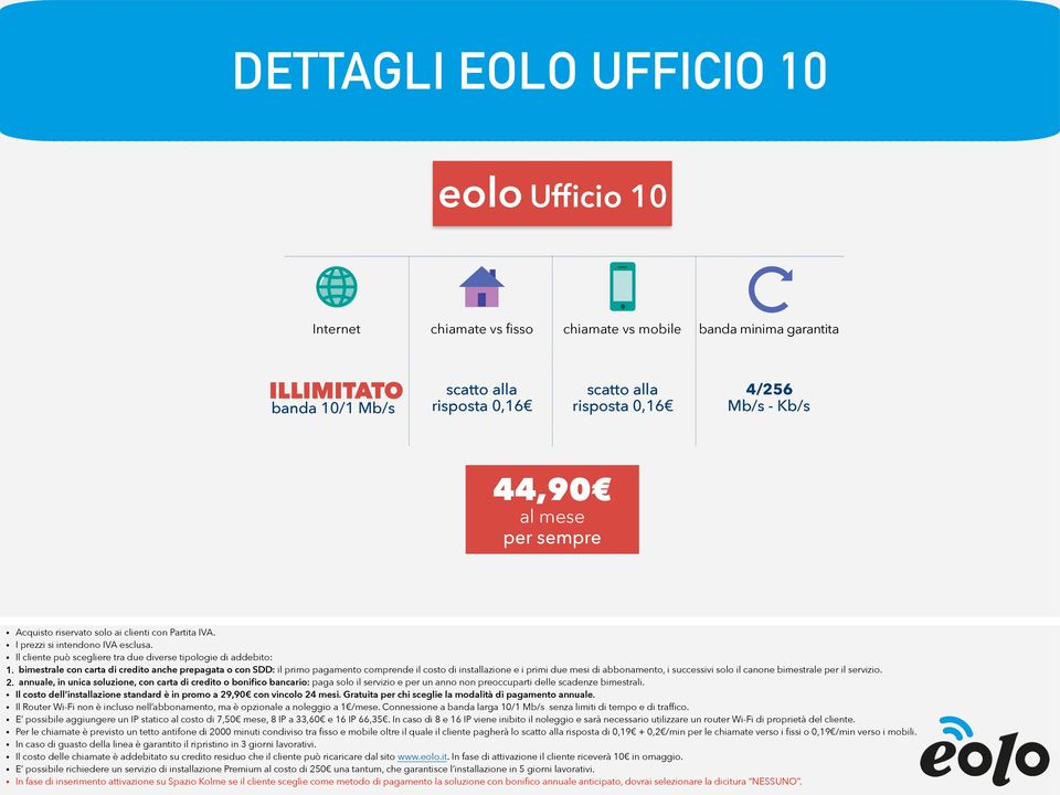 bimestrale con carta di credito anche prepagata o con SDD: il primo pagamento comprende il costo di installazione e i primi due mesi di abbonamento, i successivi solo il canone bimestrale per il