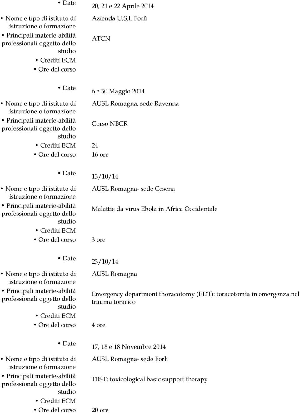 sede Cesena Malattie da virus Ebola in Africa Occidentale 3 ore 23/10/14 AUSL Romagna Emergency