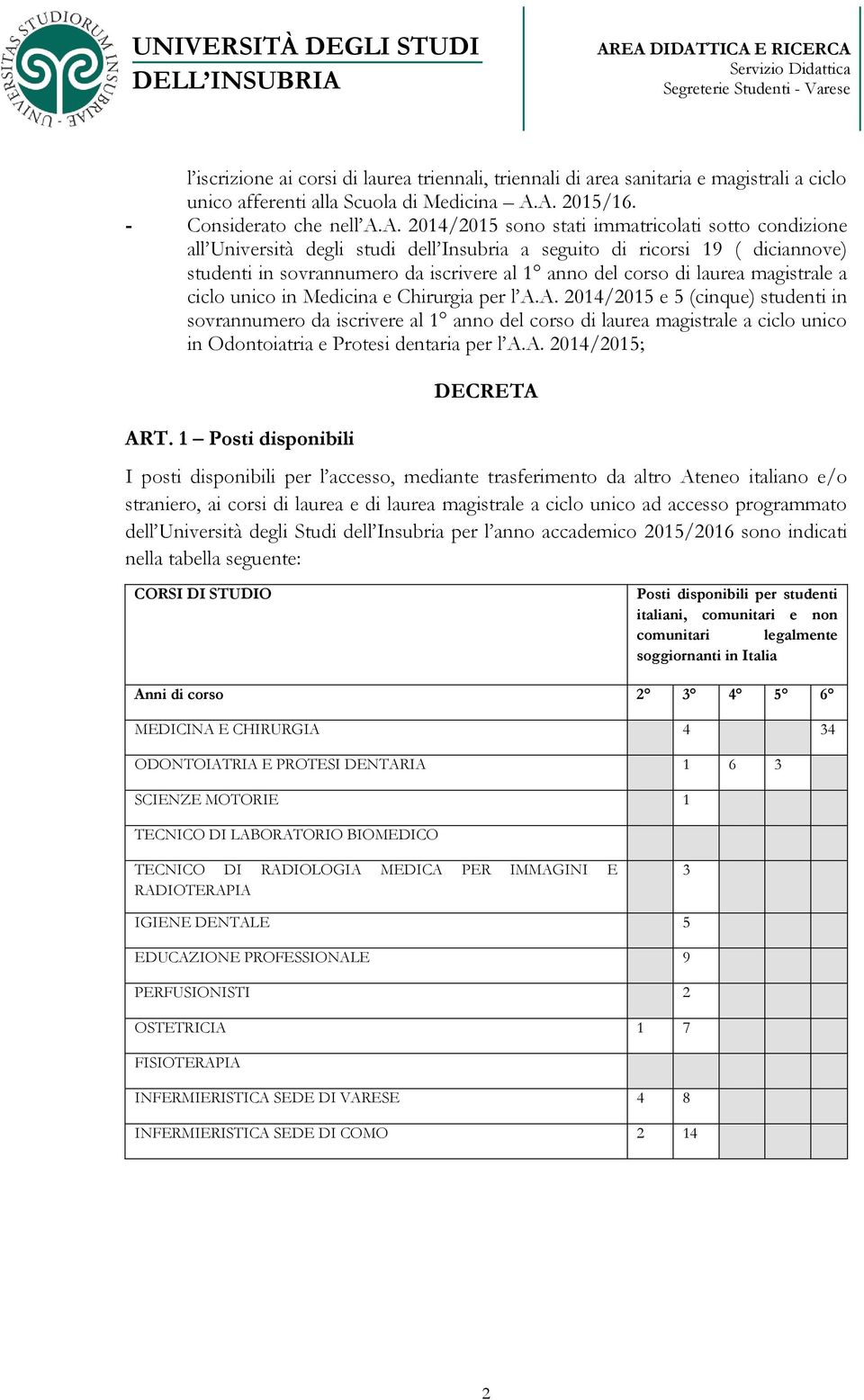 iscrivere al 1 anno del corso di laurea magistrale a ciclo unico in Medicina e Chirurgia per l A.