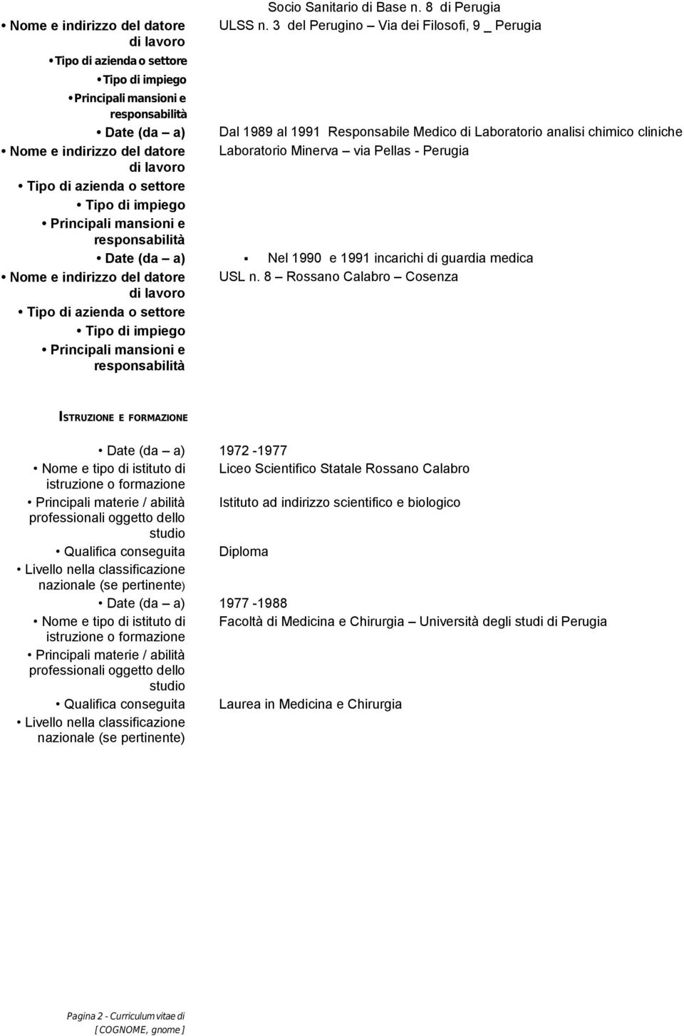 Perugia Date (da a) Nel 1990 e 1991 incarichi di guardia medica Nome e indirizzo del datore USL n.