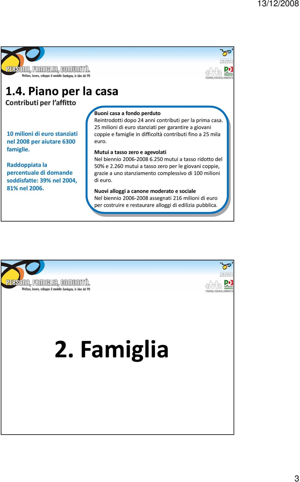 25 milioni di euro stanziati per garantire a giovani coppie e famiglie in difficoltà contributi fino a 25 mila euro. Mutui a tasso zero e agevolati Nel biennio 2006-2008 6.