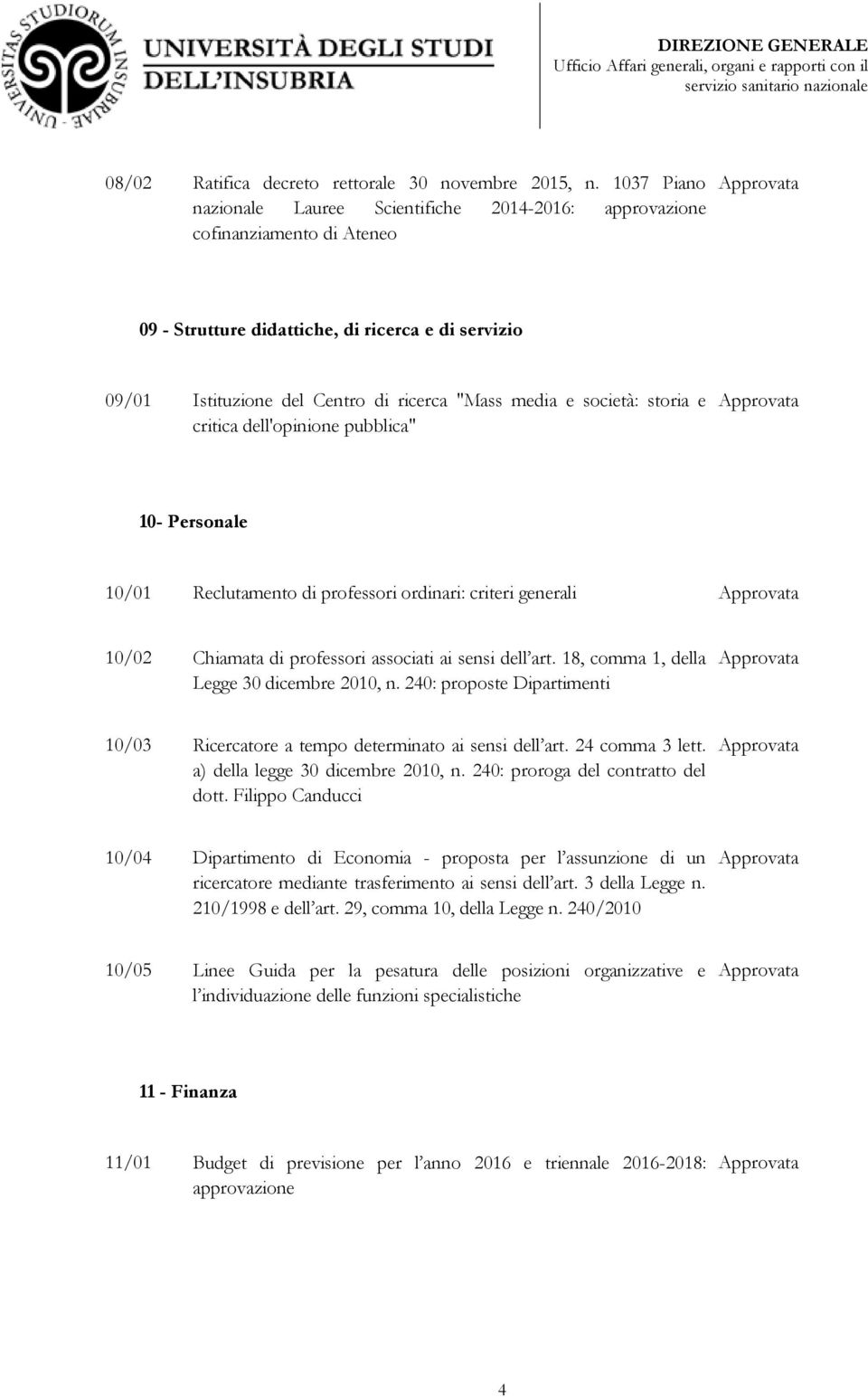 società: storia e critica dell'opinione pubblica" 10- Personale 10/01 Reclutamento di professori ordinari: criteri generali 10/02 Chiamata di professori associati ai sensi dell art.