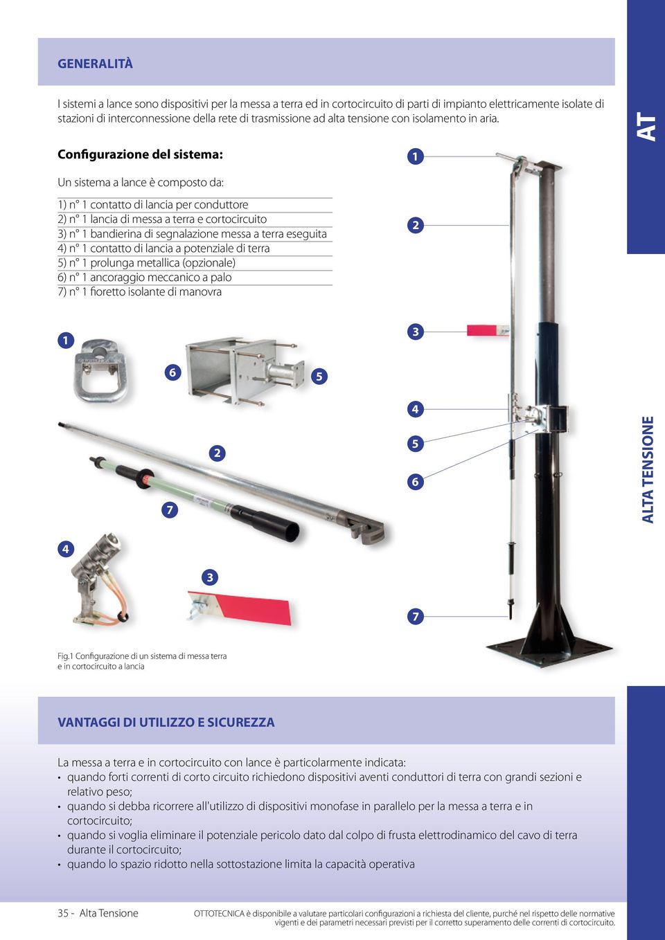 Configurazione del sistema: 1 AT Un sistema a lance è composto da: 1) n 1 contatto di lancia per conduttore 2) n 1 lancia di messa a terra e cortocircuito 3) n 1 bandierina di segnalazione messa a