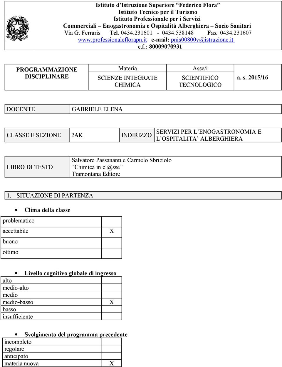 s. 2015/16 DOCENTE GABRIELE ELENA CLASSE E SEZIONE 2AK INDIRIZZO SERVIZI PER L ENOGASTRONOMIA E L OSPITALITA ALBERGHIERA LIBRO DI TESTO Salvatore Passananti e Carmelo Sbriziolo Chimica in cl@sse