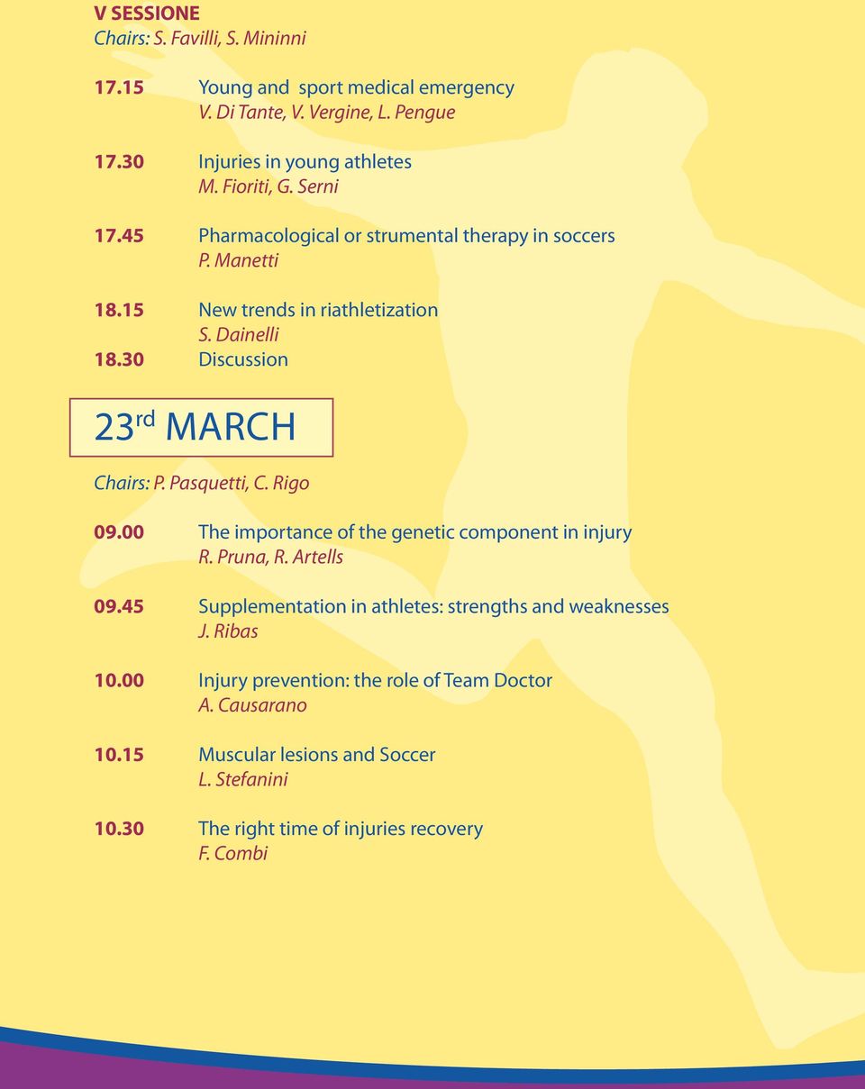 30 Discussion 23 rd MARCH Chairs: P. Pasquetti, C. Rigo 09.00 The importance of the genetic component in injury R. Pruna, R. Artells 09.