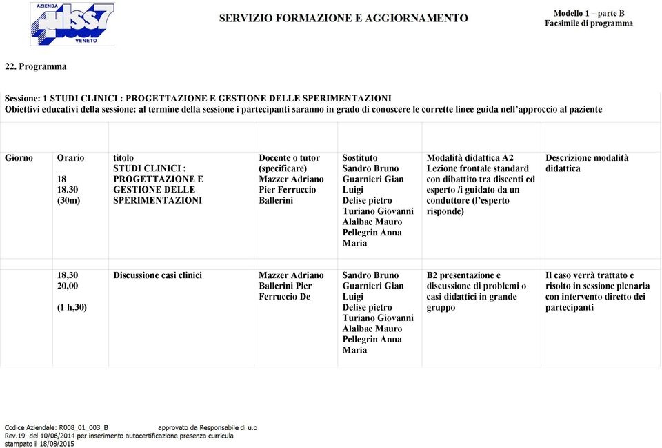 30 (30m) titolo STUDI CLINICI : PROGETTAZIONE E GESTIONE DELLE SPERIMENTAZIONI Docente o tutor (specificare) Sostituto Modalità didattica A2 Lezione frontale standard con dibattito tra discenti ed