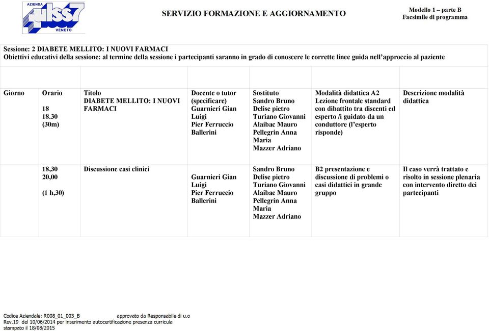 30 (30m) Titolo DIABETE MELLITO: I NUOVI FARMACI Docente o tutor (specificare) Sostituto Modalità didattica A2 Lezione frontale standard con dibattito tra discenti ed