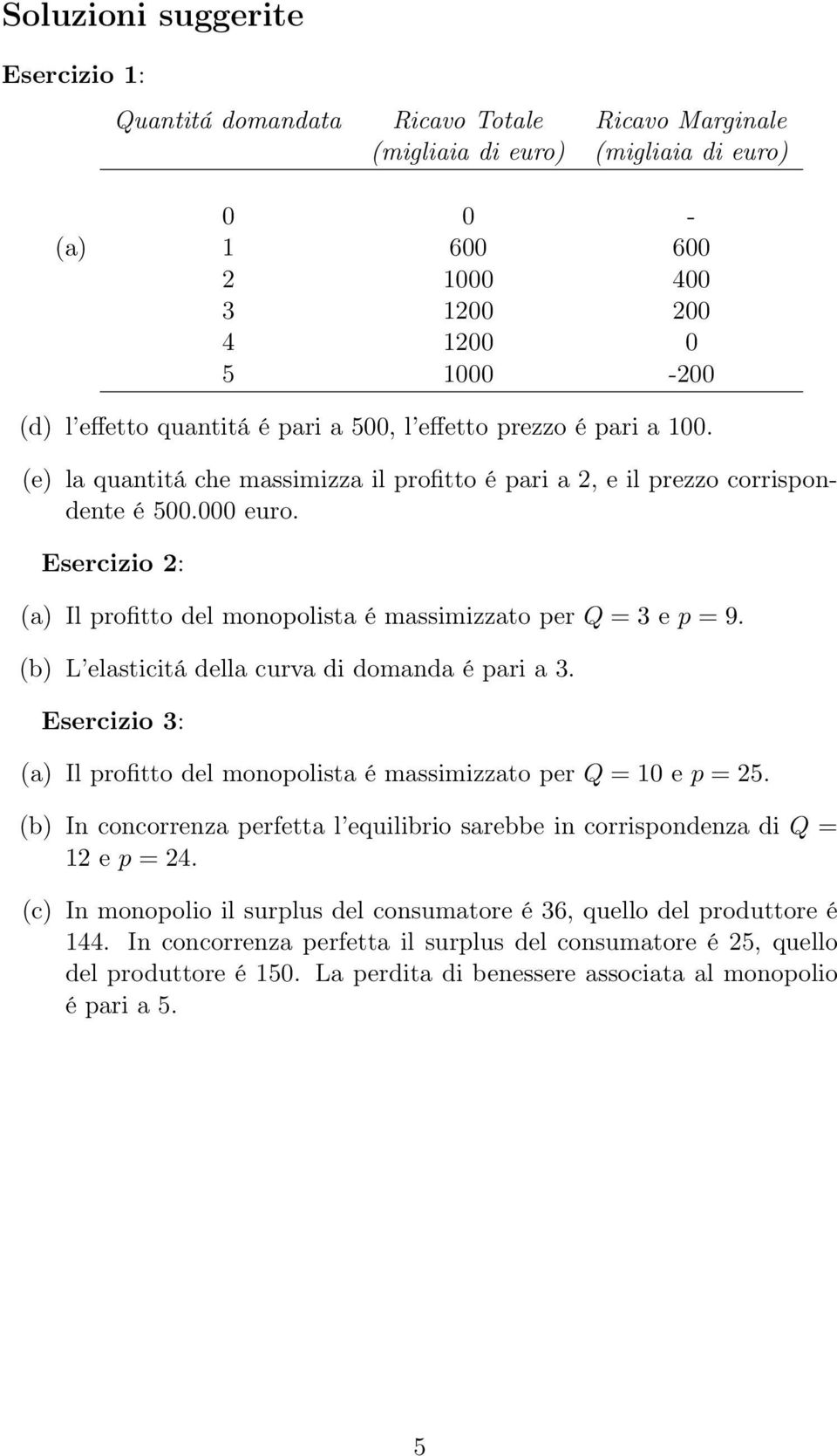 Esercizio 2: (a) Il profitto del monopolista é massimizzato per Q = 3 e p = 9. (b) L elasticitá della curva di domanda é pari a 3.