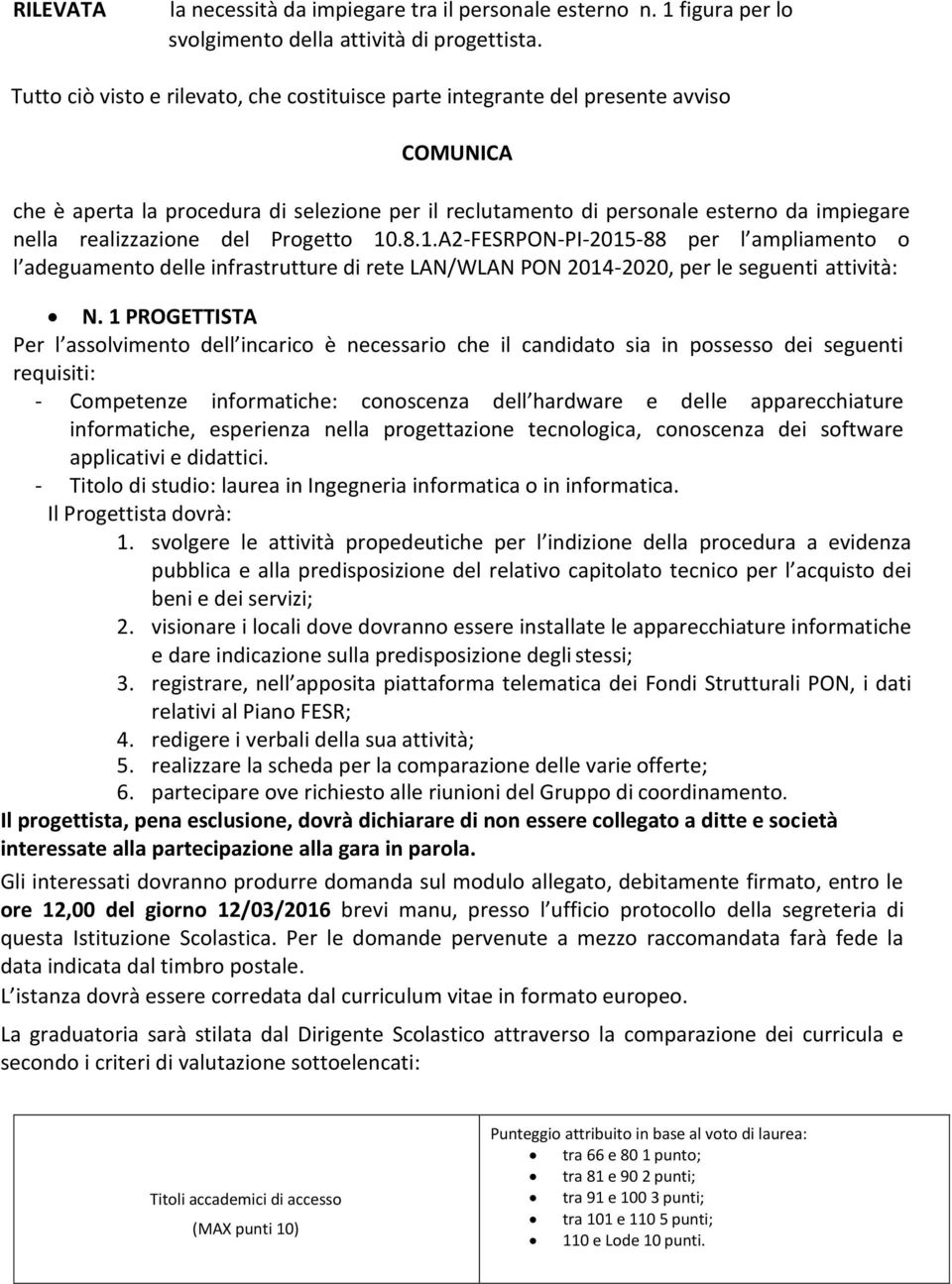 realizzazione del Progetto 10.8.1.A2-FESRPON-PI-2015-88 per l ampliamento o l adeguamento delle infrastrutture di rete LAN/WLAN PON 2014-2020, per le seguenti attività: N.