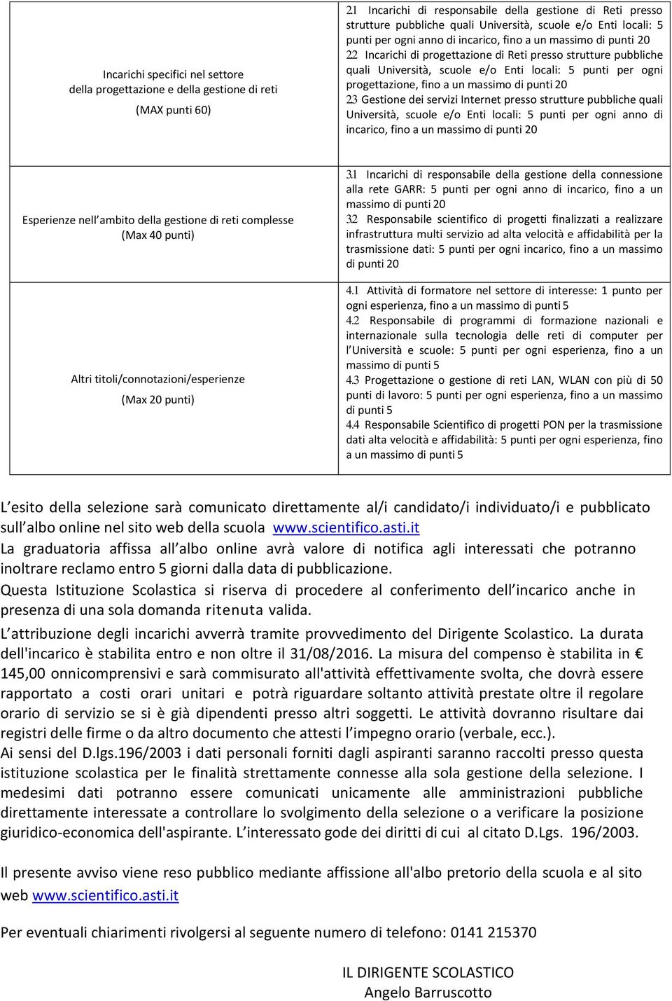 2 Incarichi di progettazione di Reti presso strutture pubbliche quali Università, scuole e/o Enti locali: 5 punti per ogni progettazione, fino a un massimo di punti 20 2.