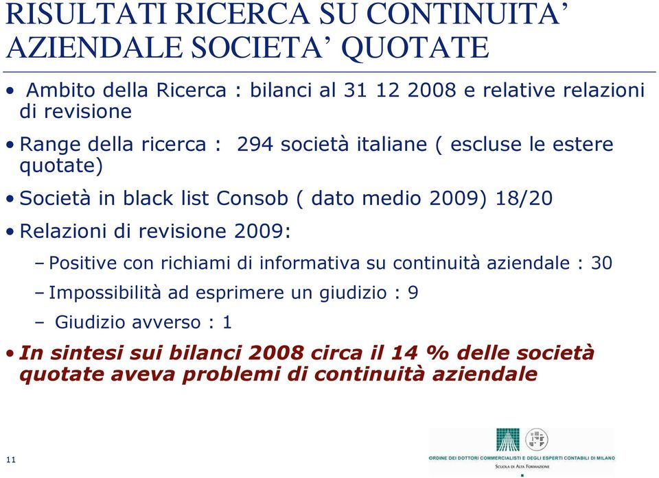 18/20 Relazioni di revisione 2009: Positive con richiami di informativa su continuità aziendale : 30 Impossibilità ad esprimere un