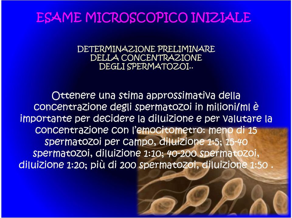 decidere la diluizione e per valutare la concentrazione con l emocitometro: meno di 15 spermatozoi per campo,