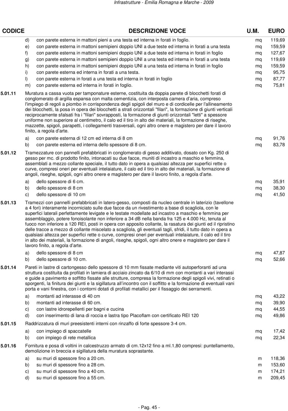 in foglio mq 127,67 con parete esterna in mattoni semipieni doppio UNI a una testa ed interna in forati a una testa mq 119,69 con parete esterna in mattoni semipieni doppio UNI a una testa ed interna