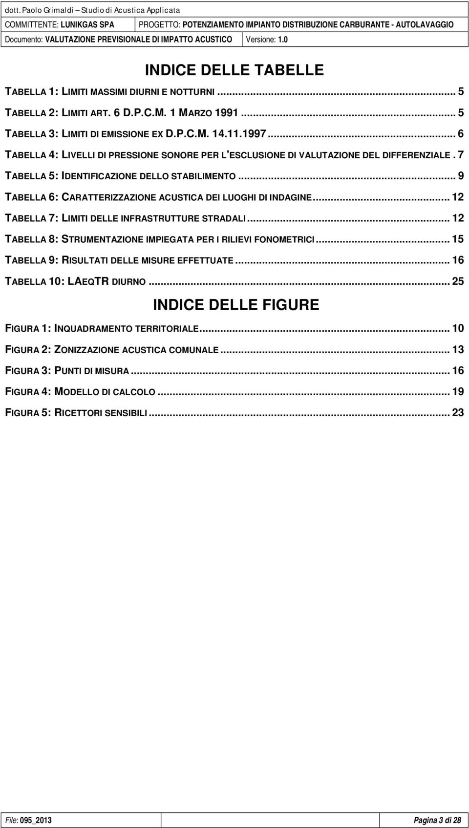 .. 6 TABELLA 4: LIVELLI DI PRESSIONE SONORE PER L'ESCLUSIONE DI VALUTAZIONE DEL DIFFERENZIALE.7 TABELLA 5: IDENTIFICAZIONE DELLO STABILIMENTO.