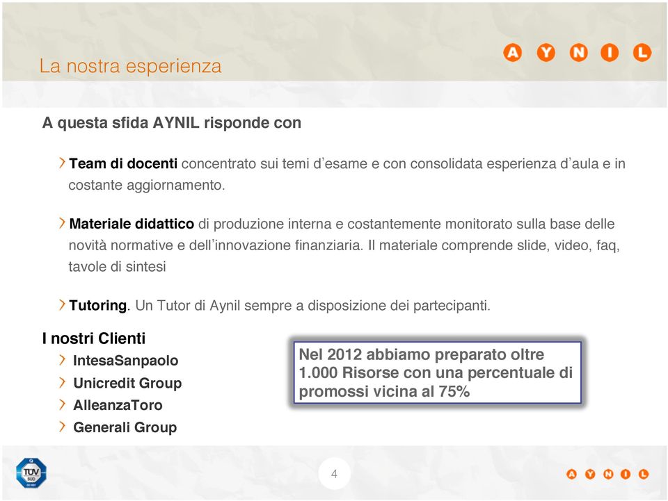 Il materiale comprende slide, video, faq, tavole di sintesi Tutoring. Un Tutor di Aynil sempre a disposizione dei partecipanti.