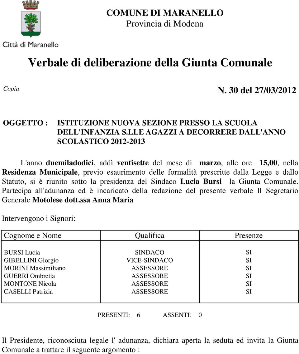 prescritte dalla Legge e dallo Statuto, si è riunito sotto la presidenza del Sindaco Lucia Bursi la Giunta Comunale.