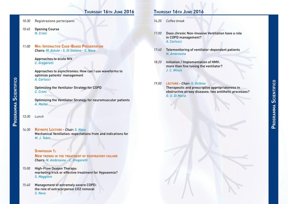 Nava 13:30 Lunch Approaches to acute NIV C. Gregoretti Approaches to asynchronies: How can I use waveforms to optimize patients management A. Carlucci Optimizing the Ventilator Strategy for COPD C.