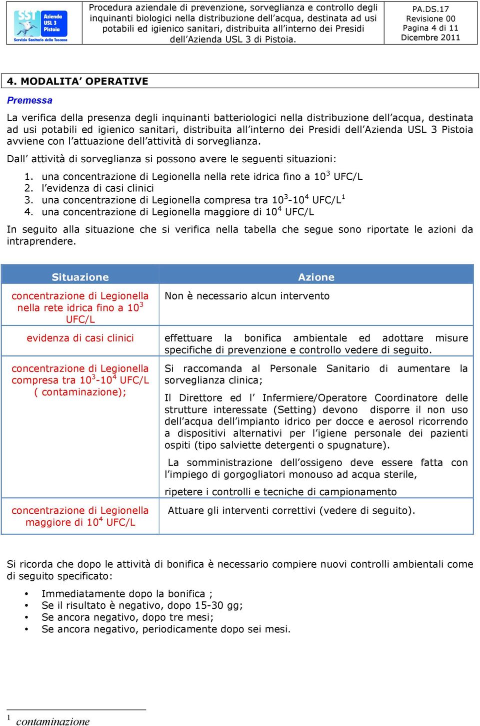 attività di sorveglianza. Dall attività di sorveglianza si possono avere le seguenti situazioni: 1. una concentrazione di Legionella nella rete idrica fino a 10 3 UFC/L 2.