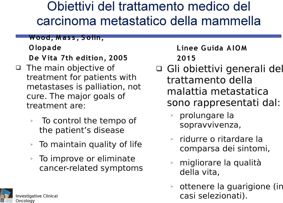 maintain quality of life To improve or eliminate cancer-related symptoms q Gli obiettivi generali del trattamento della malattia metastatica sono rappresentati dal: