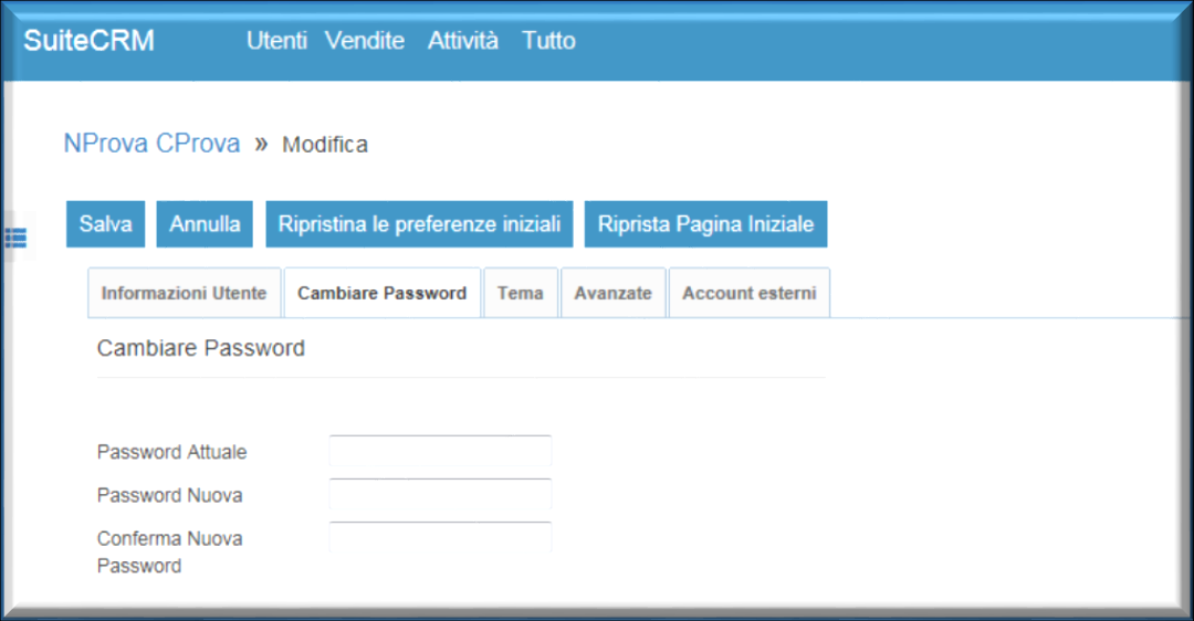 Cambio della Password personale Selezionare il simbolo Verranno presentati i dati principali del Profilo Utente Selezionare