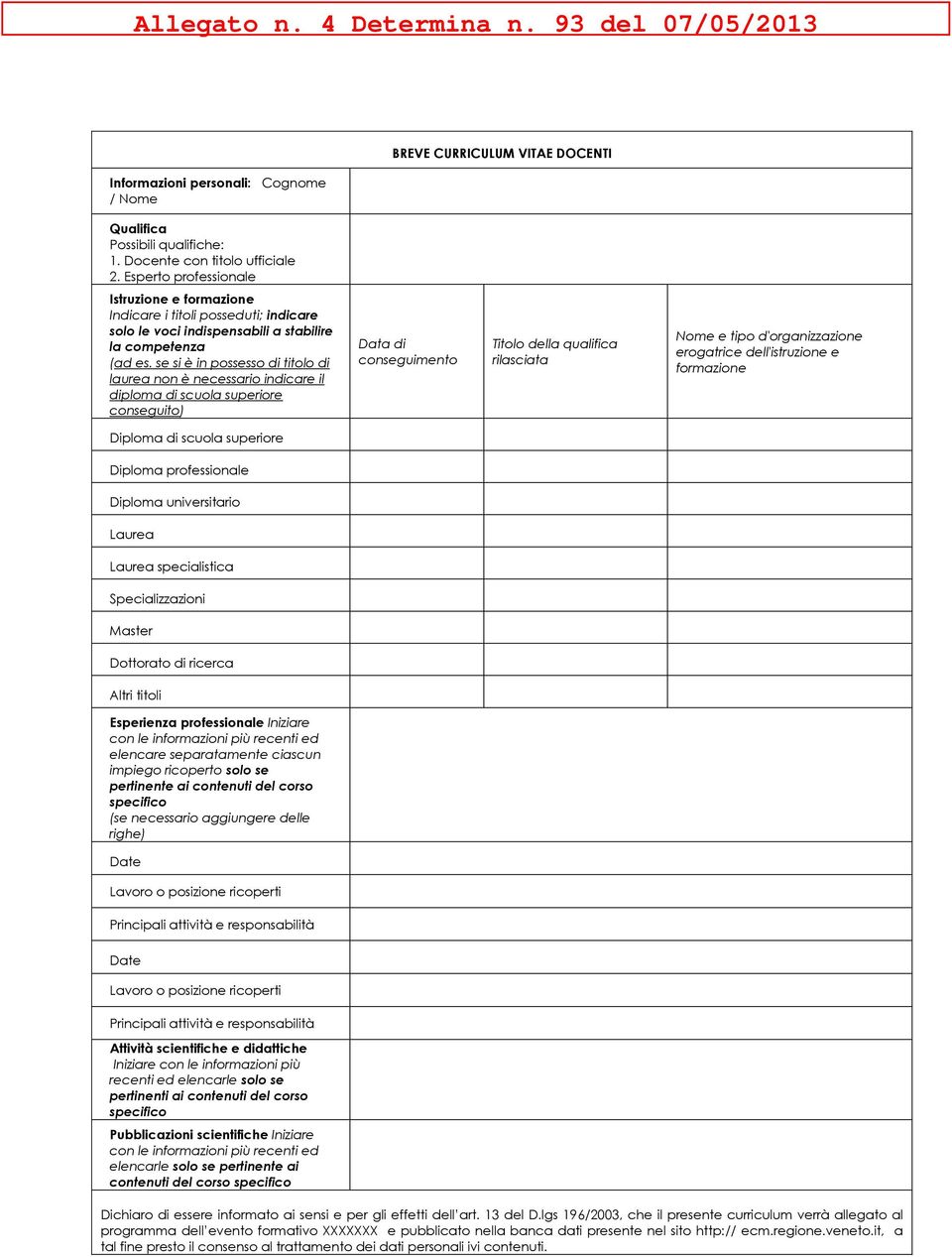 se si è in possesso di titolo di laurea non è necessario indicare il diploma di scuola superiore conseguito) Data di conseguimento Titolo della qualifica rilasciata Nome e tipo d'organizzazione