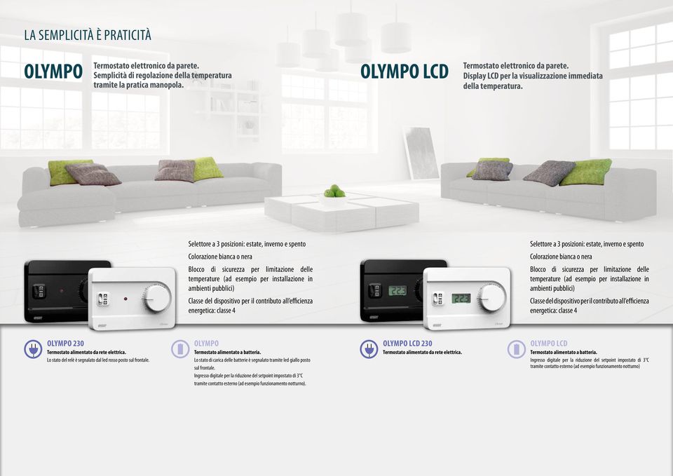 Selettore a 3 posizioni: estate, inverno e spento Blocco di sicurezza per limitazione delle temperature (ad esempio per installazione in ambienti pubblici) Selettore a 3 posizioni: estate, inverno e