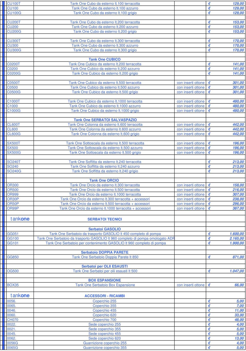 300 terracotta 170,00 CU300 Tank One Cubo da esterno lt.300 azzurro 170,00 CU300G Tank One Cubo da esterno lt.300 grigio 170,00 Tank One CUBICO C0200T Tank One Cubico da esterno lt.