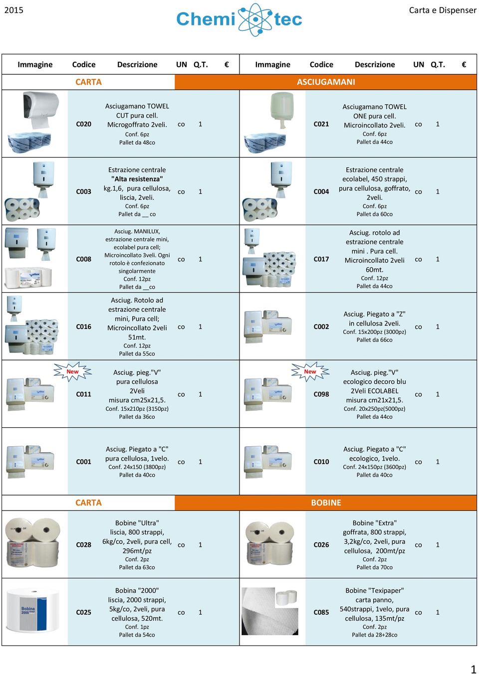 Pallet da co C004 Estrazione centrale ecolabel, 450 strappi, pura cellulosa, goffrato, 2veli. Pallet da 60co C008 Asciug. MANILUX, estrazione centrale mini, ecolabel pura cell; Microincollato 3veli.