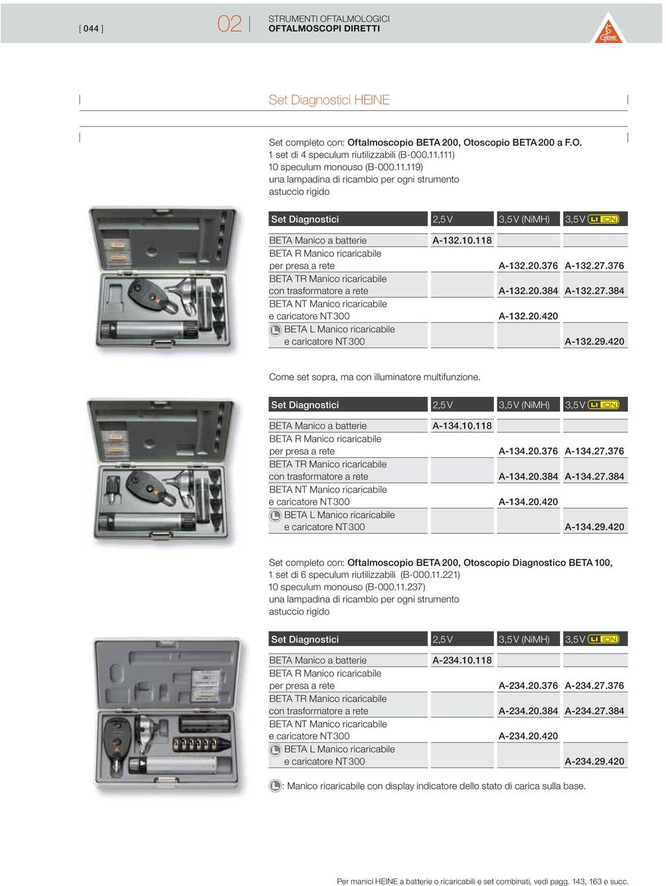 376 A-132.20.384 A-132.27.384 A-132.20.420 A-132.29.420 Come set sopra, ma con illuminatore multifunzione. Set Diagnostici 2,5 V 3,5 V (NiMH) 3,5 V per presa a rete A-134.10.118 A-134.20.376 A-134.27.376 A-134.20.384 A-134.