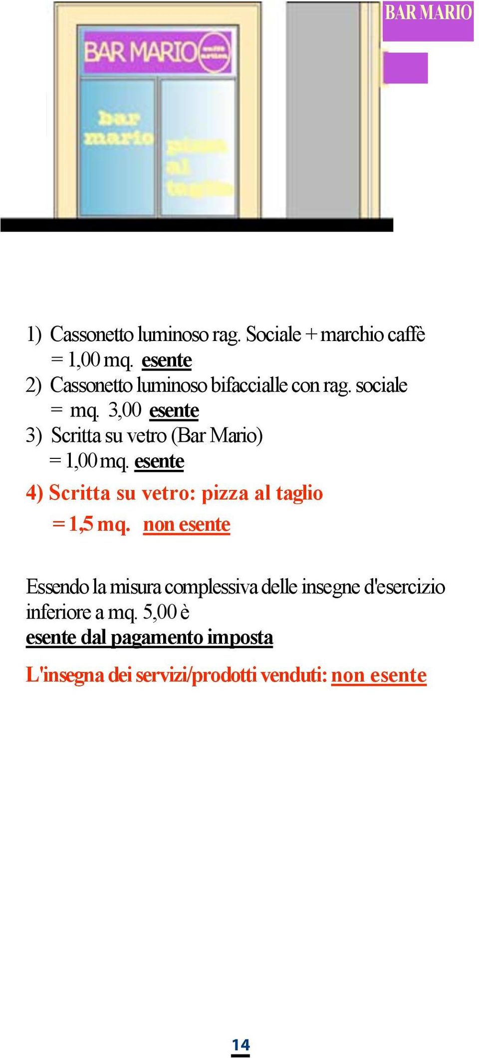 su vetro: 3,00 esente pizza al taglio 3) = 1,5 Scritta mq. su non vetro esente (Bar Mario) = 1,00 mq.