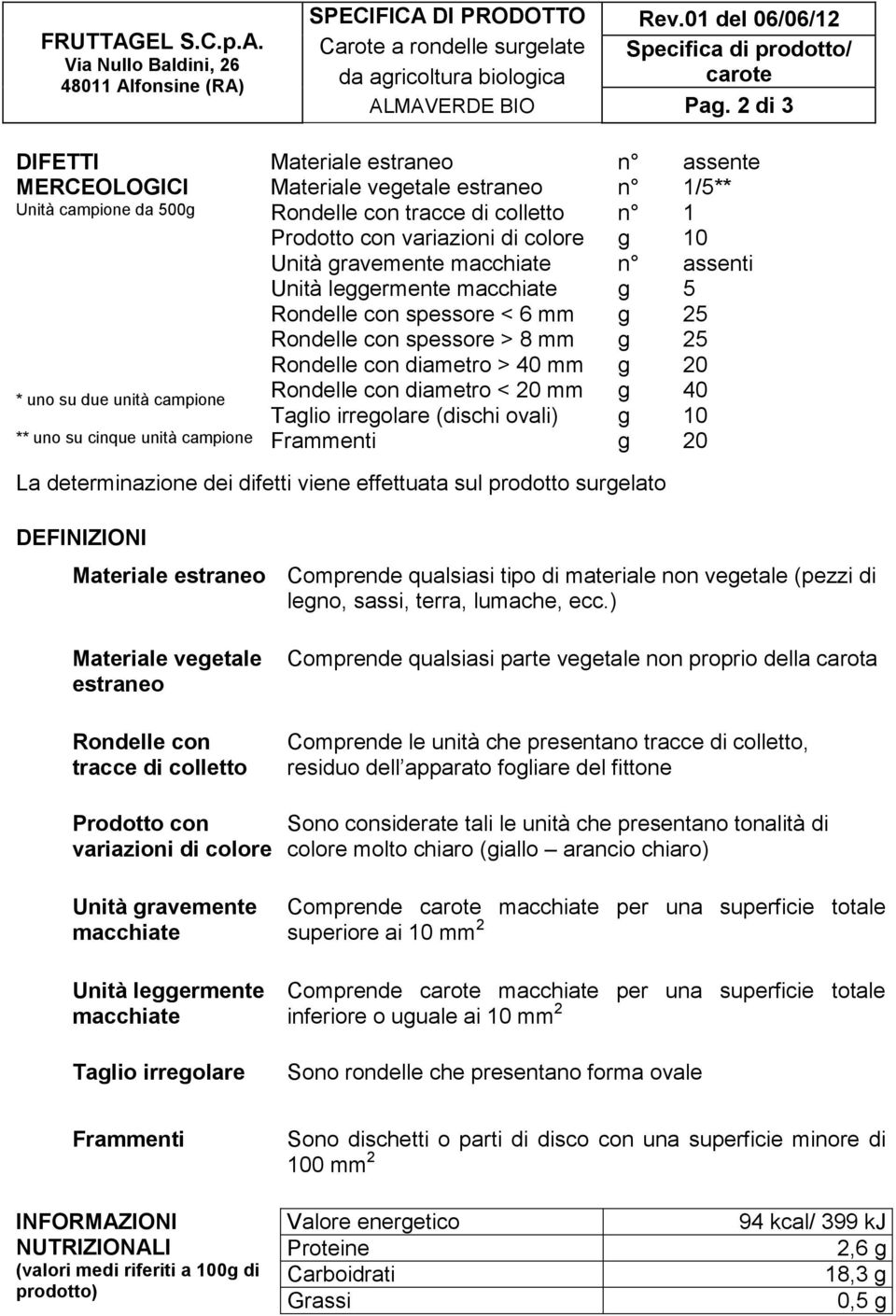 < 20 mm Taglio irregolare (dischi ovali) Frammenti n assente n 1/** n 1 g 10 n assenti g g 2 g 2 g 20 g 40 g 10 g 20 La determinazione dei difetti viene effettuata sul prodotto surgelato DEFINIZIONI