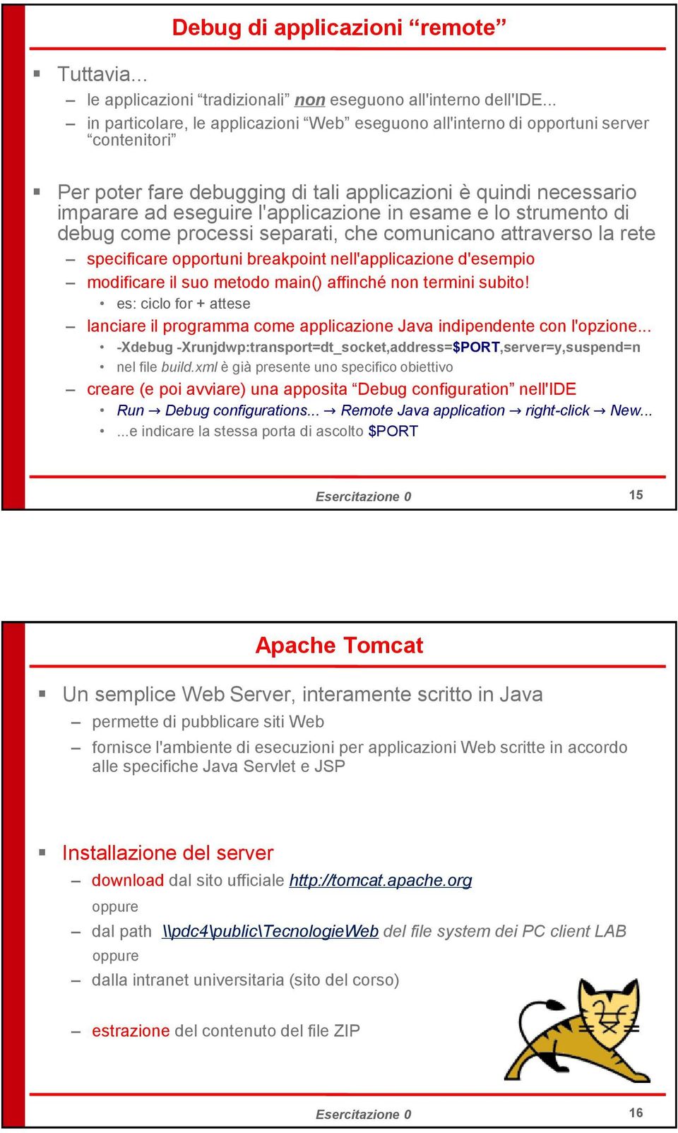 esame e lo strumento di debug come processi separati, che comunicano attraverso la rete specificare opportuni breakpoint nell'applicazione d'esempio modificare il suo metodo main() affinché non