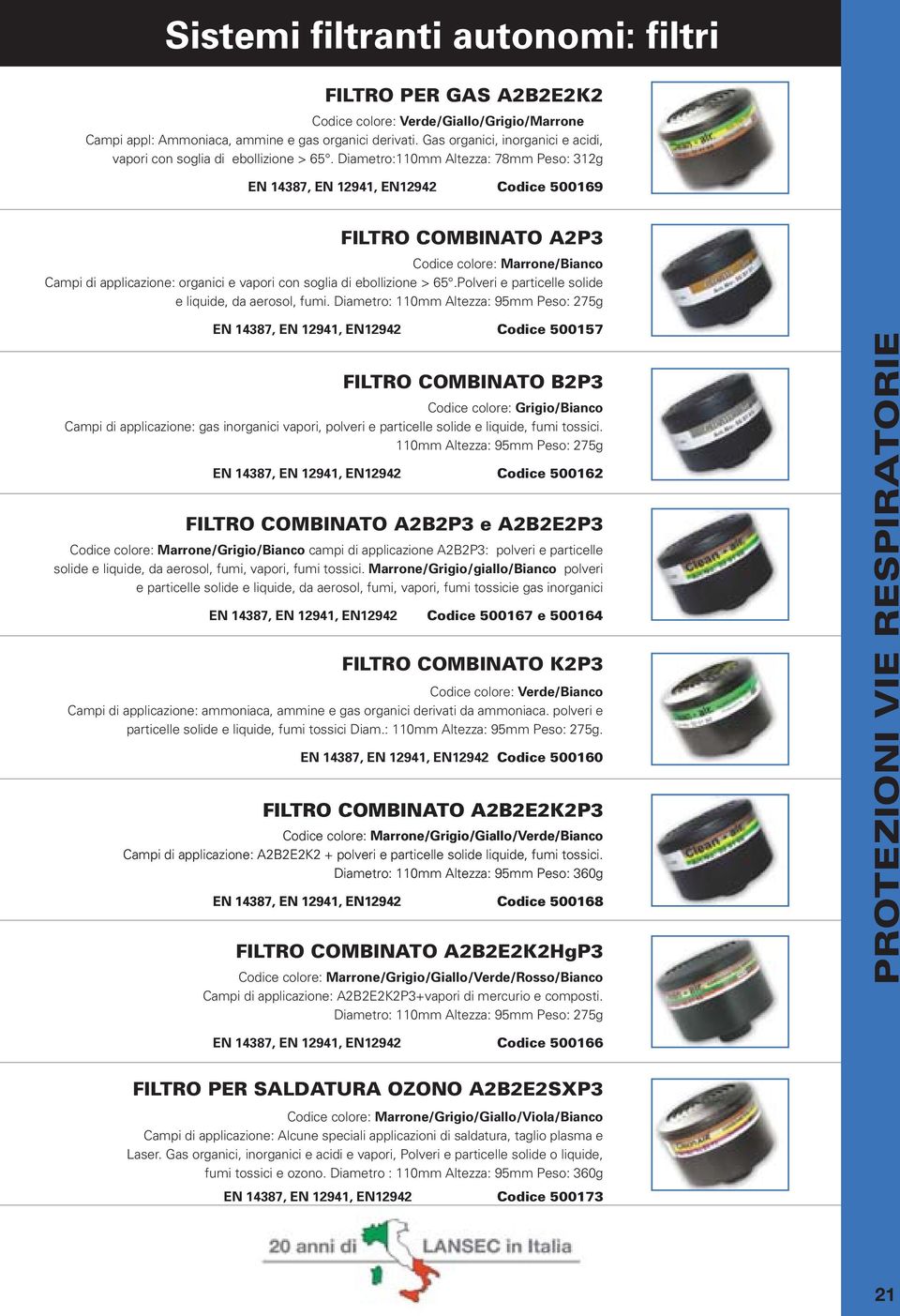 Diametro:110mm Altezza: 78mm Peso: 312g EN 14387, EN 12941, EN12942 Codice 500169 FILTRO COMBINATO A2P3 Codice colore: Marrone/Bianco Campi di applicazione: organici e vapori con soglia di