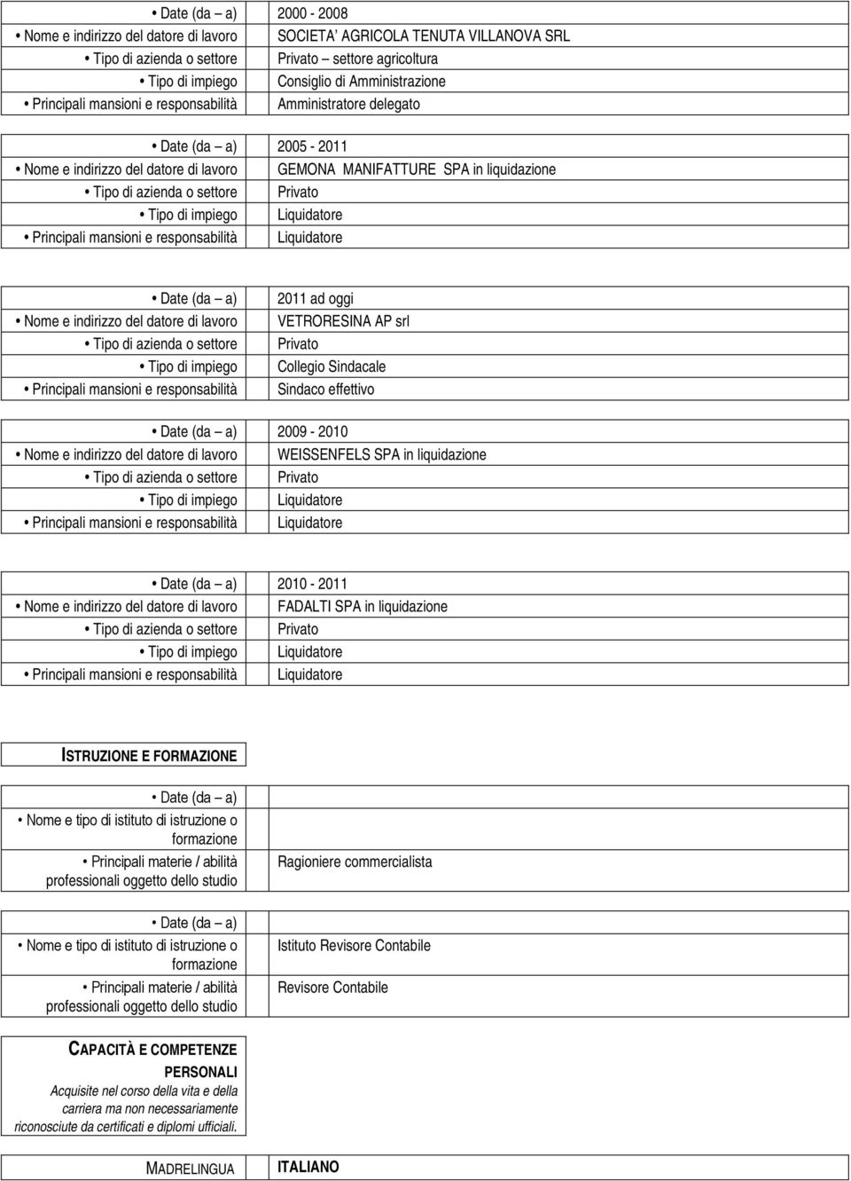 istruzione o formazione Principali materie / abilità professionali oggetto dello studio Ragioniere commercialista Nome e tipo di istituto di istruzione o formazione Principali materie / abilità