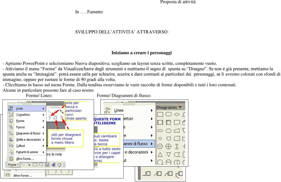 - Attiviamo il menu Forme da Visualizza/barre degli strumenti e mettiamo il segno di spunta su Disegno.