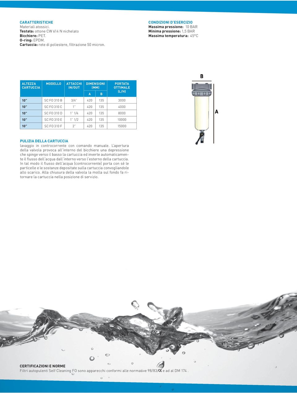 B 3/4 420 135 3000 10 SC FO 310 C 1 420 135 4000 10 SC FO 310 D 1 1/4 420 135 8000 10 SC FO 310 E 1 1/2 420 135 10000 10 SC FO 310 F 2 420 135 15000 PULIZIA DELLA CARTUCCIA lavaggio in controcorrente