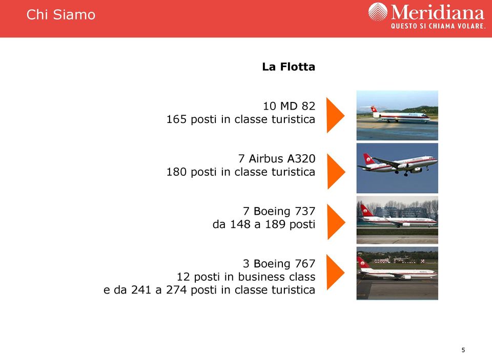 7 Boeing 737 da 148 a 189 posti 3 Boeing 767 12 posti