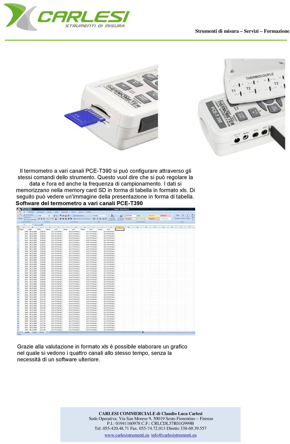 I dati si memorizzano nella memory card SD in forma di tabella in formato xls.