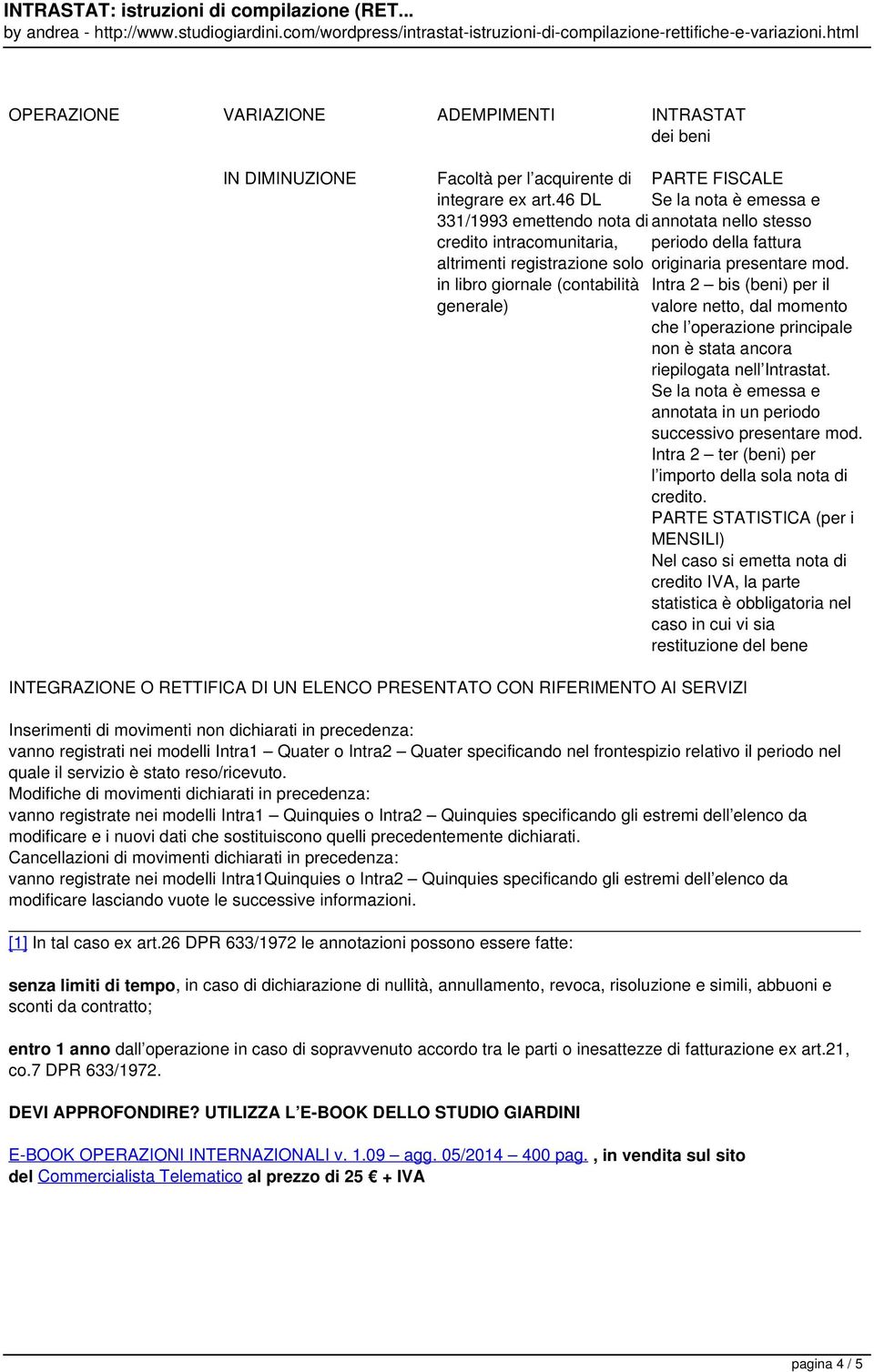 netto, dal momento che l operazione principale non è stata ancora riepilogata nell Intrastat. Intra 2 ter (beni) per l importo della sola nota di credito.