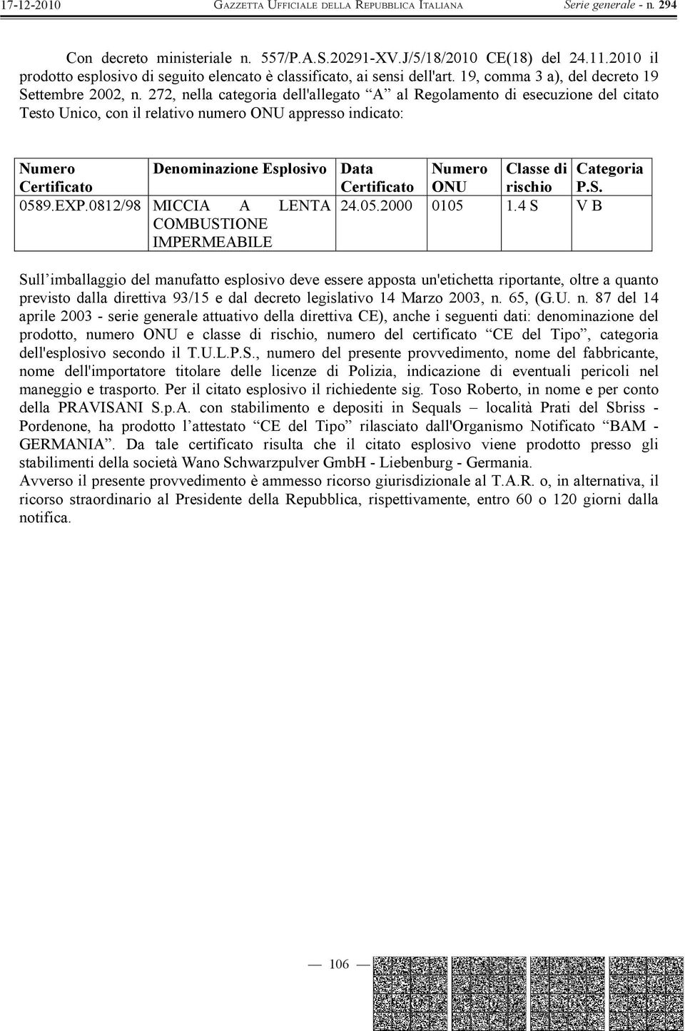 272, nella categoria dell'allegato A al Regolamento di esecuzione del citato Testo Unico, con il relativo numero ONU appresso indicato: Numero Denominazione Esplosivo Data Numero Classe di Categoria