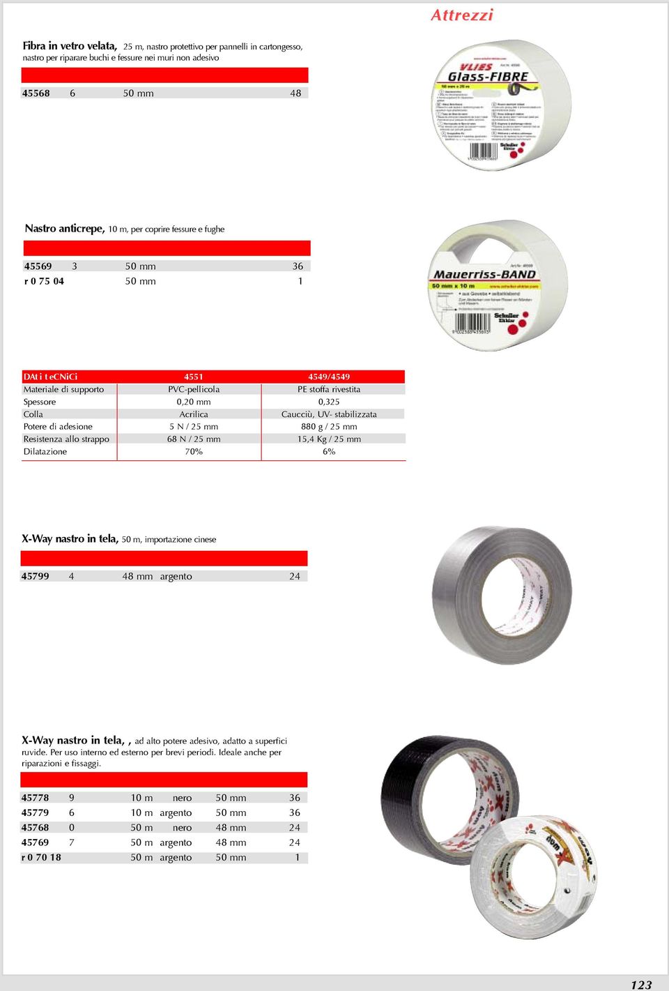 di adesione 5 N / 25 mm 880 g / 25 mm Resistenza allo strappo 68 N / 25 mm 15,4 Kg / 25 mm Dilatazione 70% 6% X-Way nastro in tela, 50 m, importazione cinese 45799 4 48 mm argento 24 X-Way nastro in