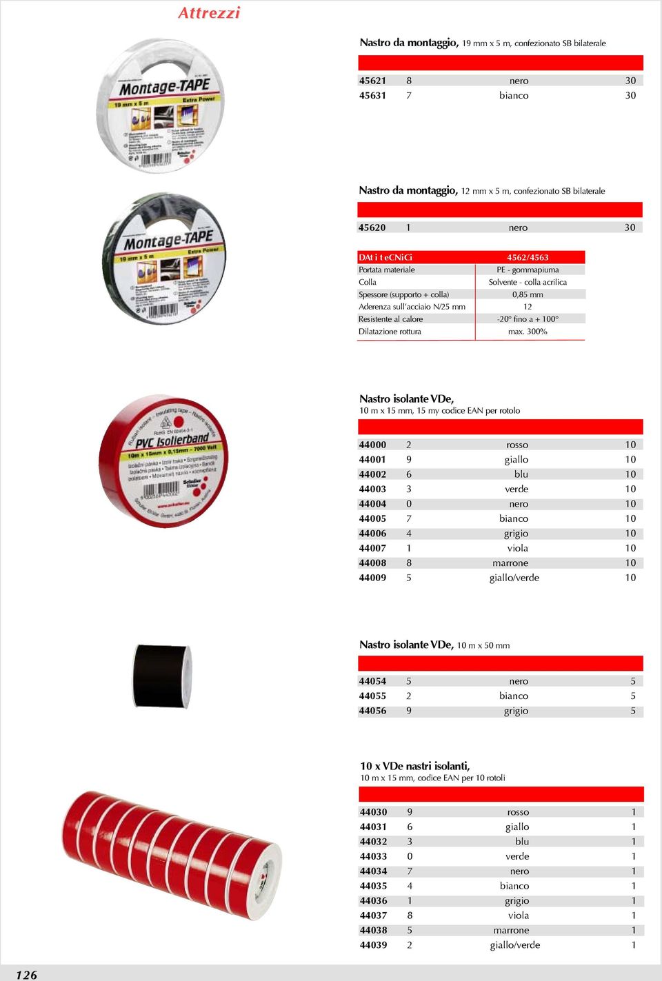 300% Nastro isolante VDe, 10 m x 15 mm, 15 my codice EAN per rotolo 44000 2 rosso 10 44001 9 giallo 10 44002 6 blu 10 44003 3 verde 10 44004 0 nero 10 44005 7 bianco 10 44006 4 grigio 10 44007 1