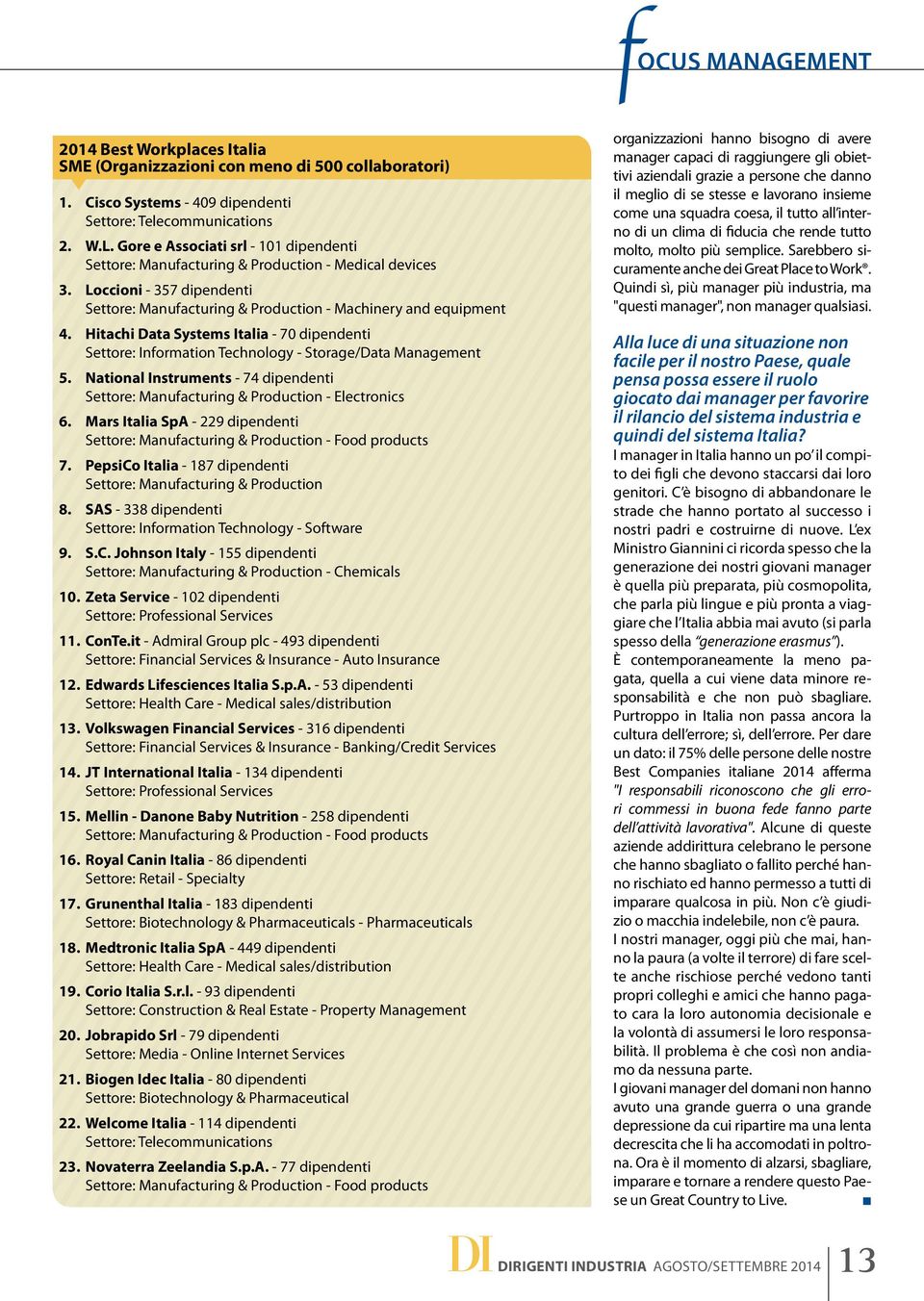 Hitachi Data Systems Italia - 70 dipendenti Settore: Information Technology - Storage/Data Management 5. National Instruments - 74 dipendenti Settore: Manufacturing & Production - Electronics 6.