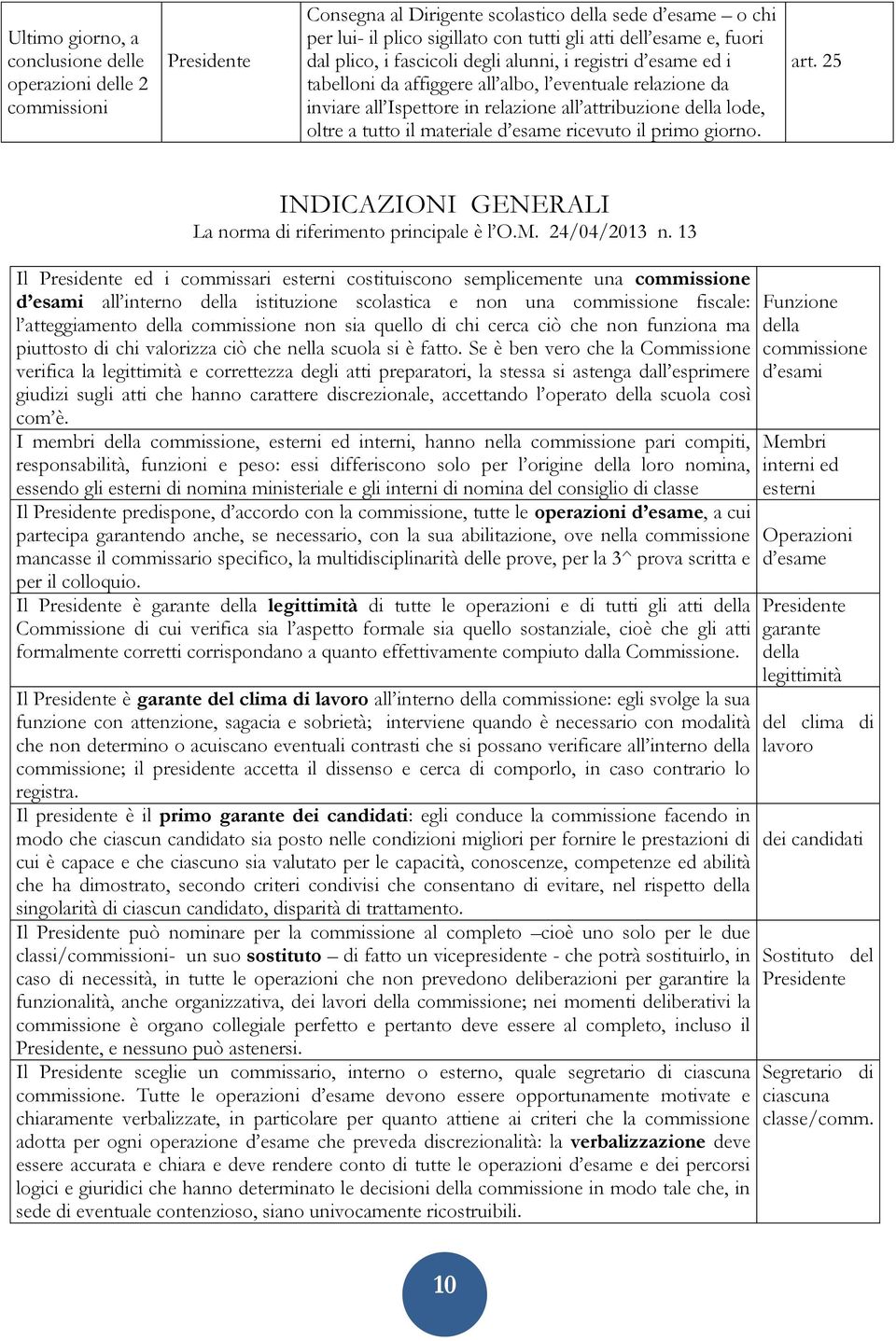 tutto il materiale d esame ricevuto il primo giorno. art. 25 INDICAZIONI GENERALI La norma di riferimento principale è l O.M. 24/04/2013 n.