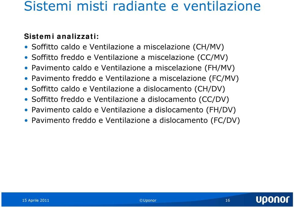 miscelazione (FC/MV) Soffitto caldo e Ventilazione a dislocamento (CH/DV) Soffitto freddo e Ventilazione i a dislocamento