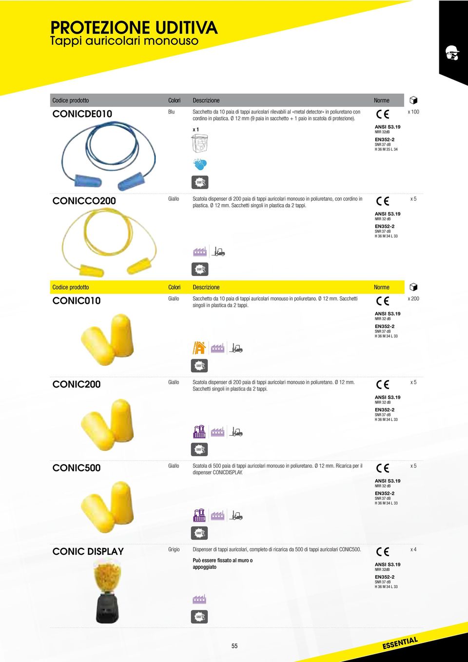 0 x1 NRR 32dB H 36 M 35 L 34 CONICCO200 Giallo Scatola dispenser di 200 paia di tappi auricolari monouso in poliuretano, con cordino in plastica. Ø 12 mm. Sacchetti singoli in plastica da 2 tappi.